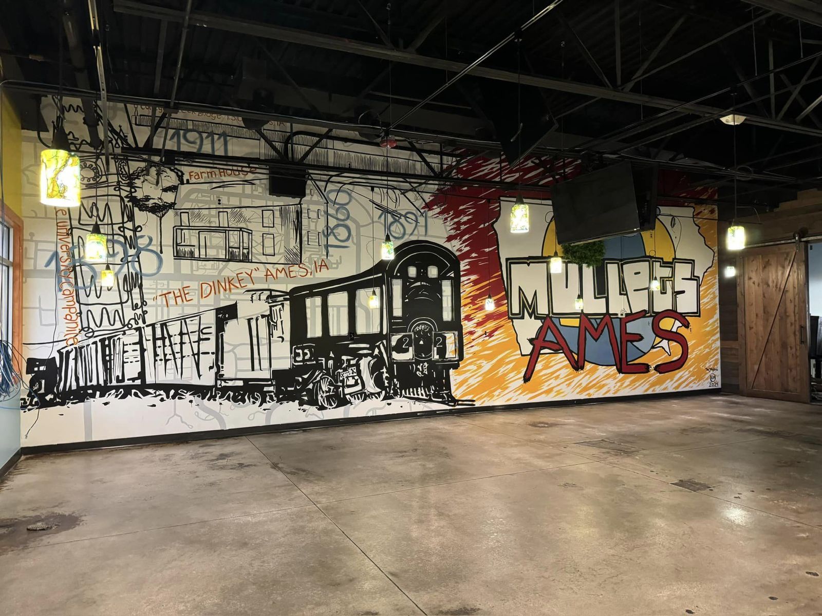 Angled view of the Mullets Ames mural showing the Campanile, Farm House and The Dinkey locomotive