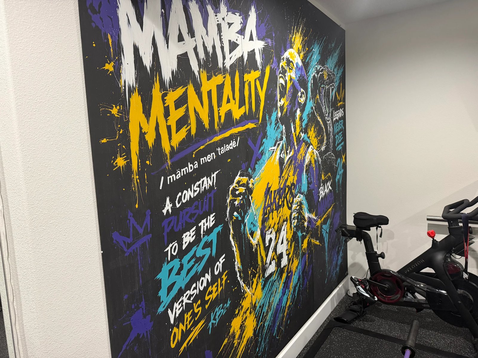 The Mamba Mentality panels seen at an angle beside the exercise bike